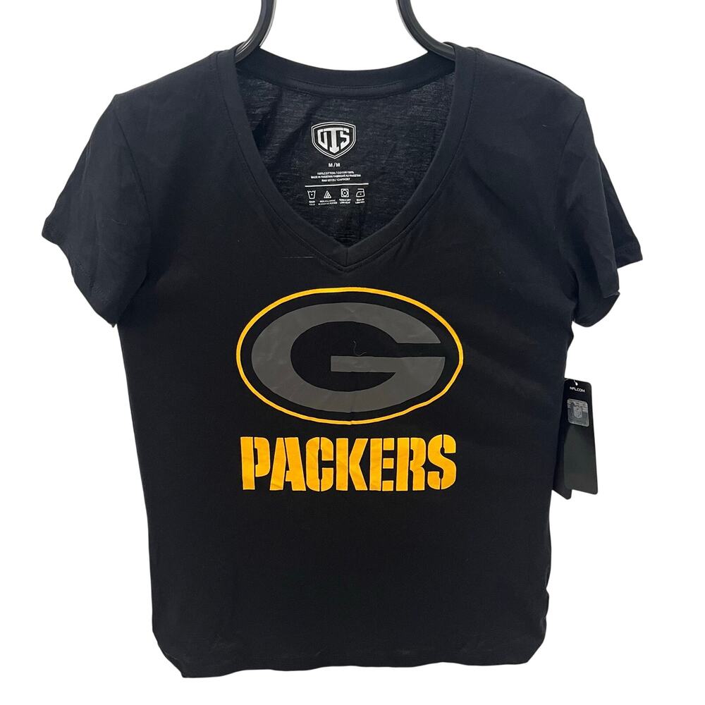 OTS Green Bay Packers Womens V-Neck T-Shirt Size M Black NFL Football Tee NWT